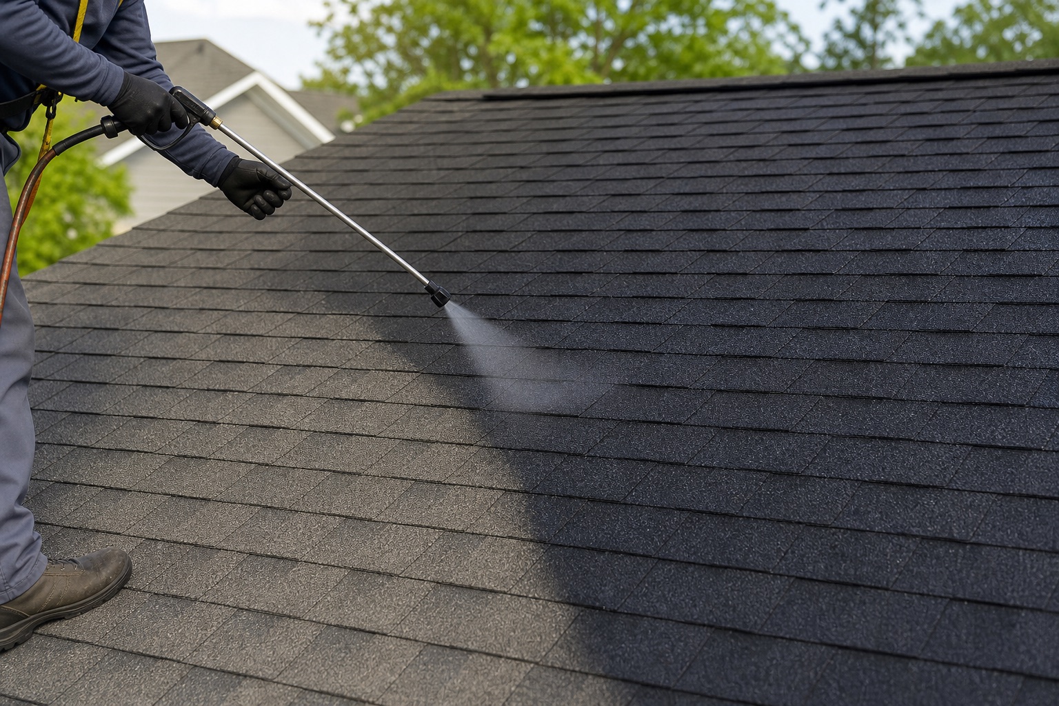 Shingle Serum being applied across dry asphalt shingles